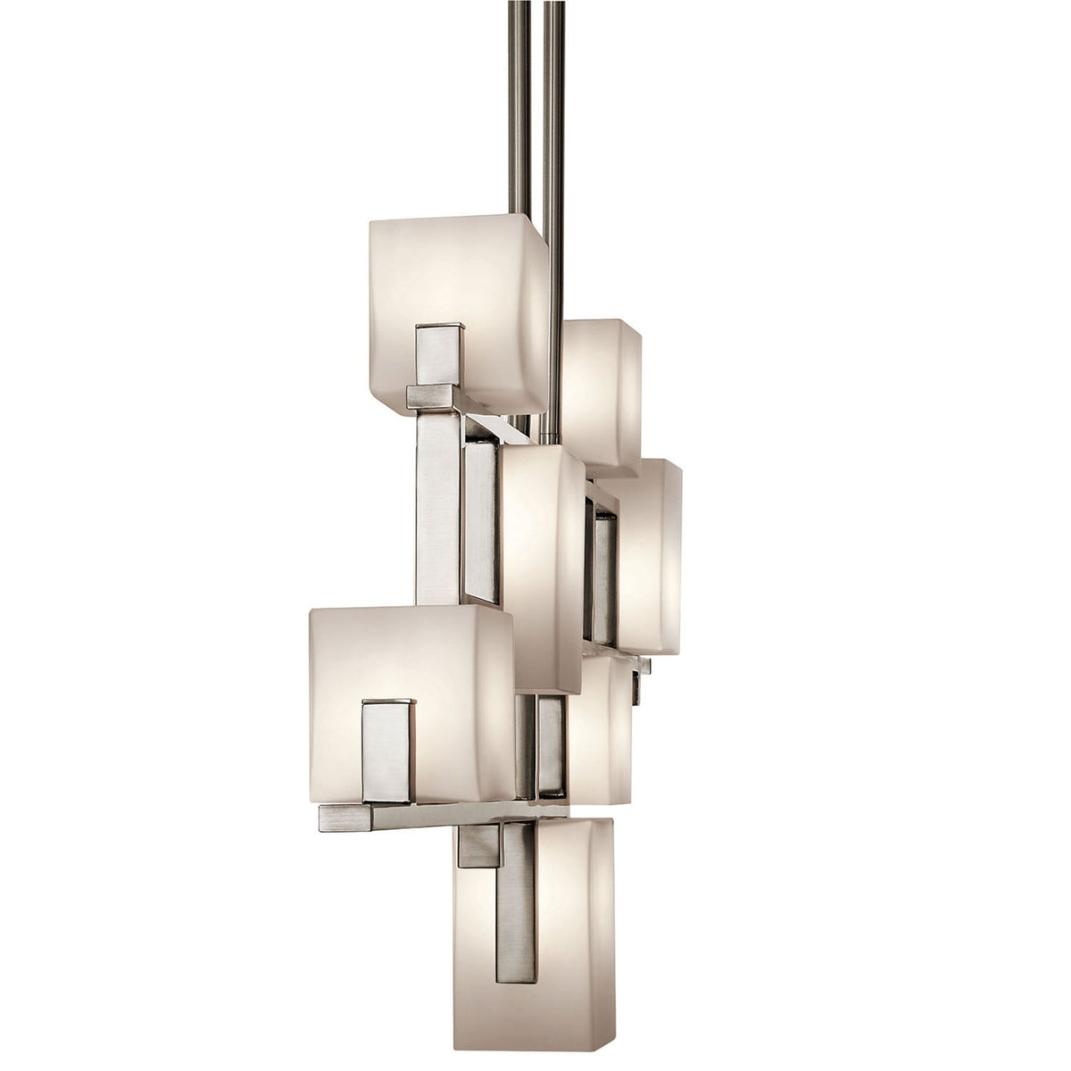 A modern, vertically oriented chandelier with multiple frosted glass cube shades.