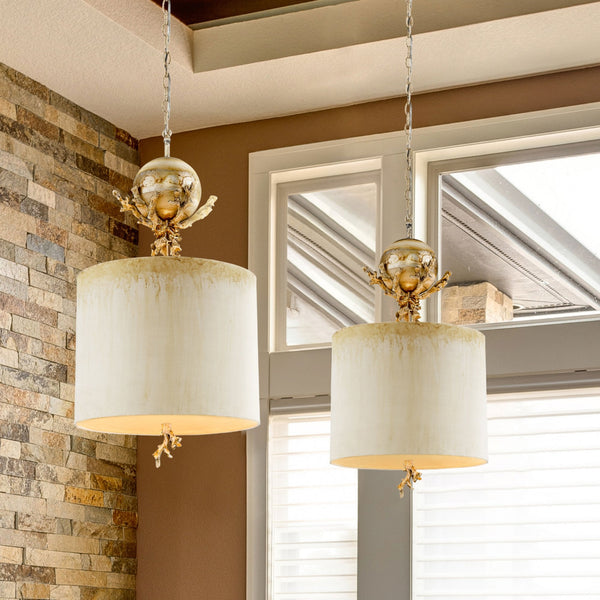 Trellis Pendant Light Hand Painted in Putty Patina & Silver Leaf