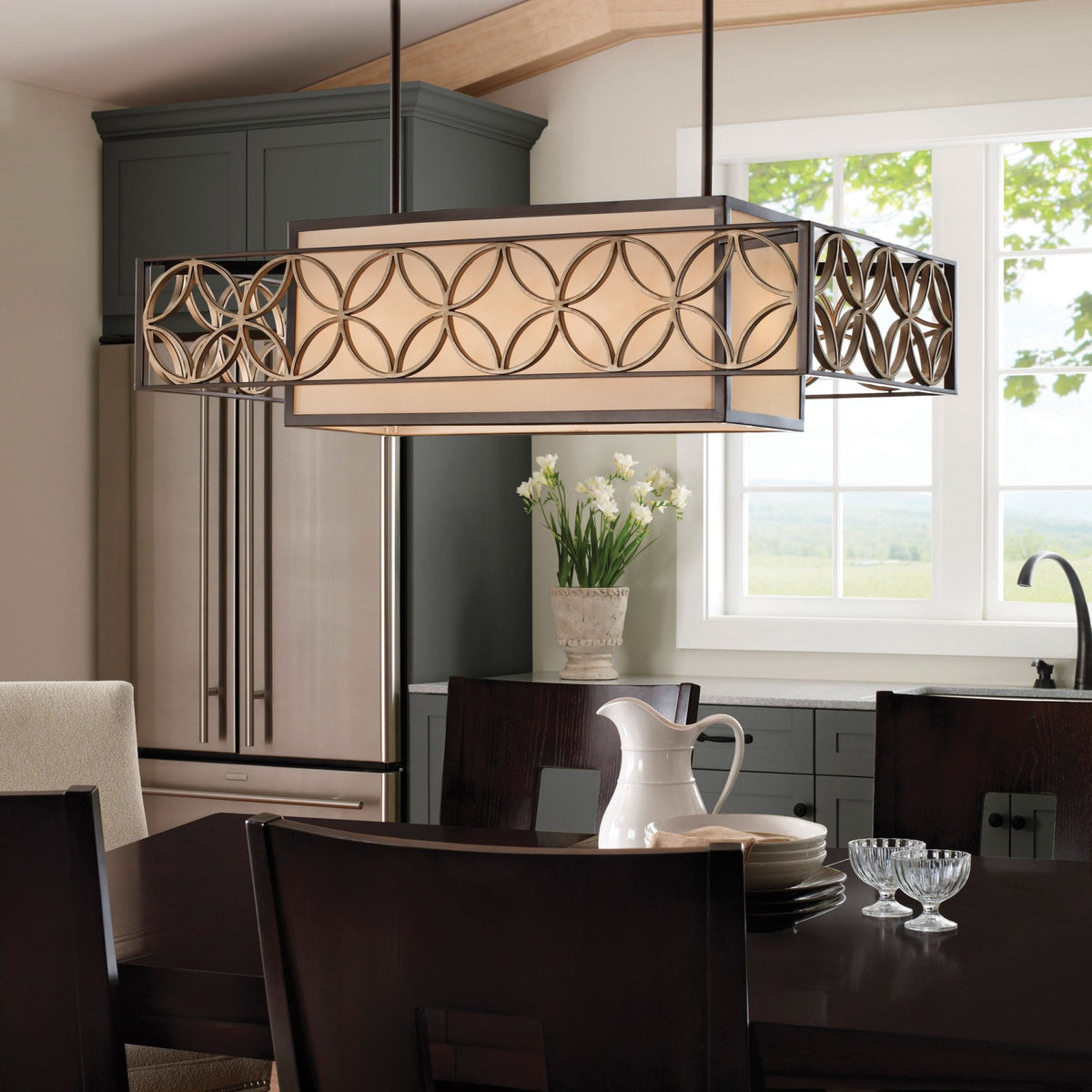 Remy Four Light Rectangular Pendant Light in Bronze and Gold