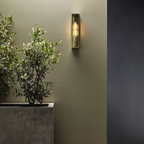 A brass outdoor wall light with a tubular bulb, next to a concrete planter with olive trees