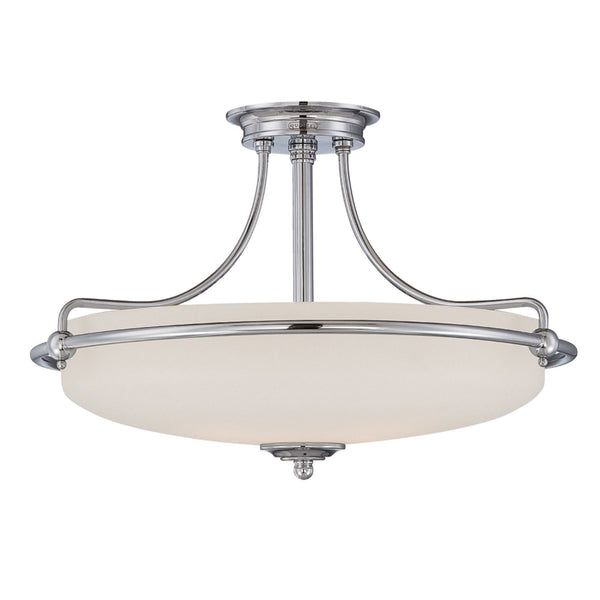 A chrome semi-flush ceiling light with a large frosted glass shade.