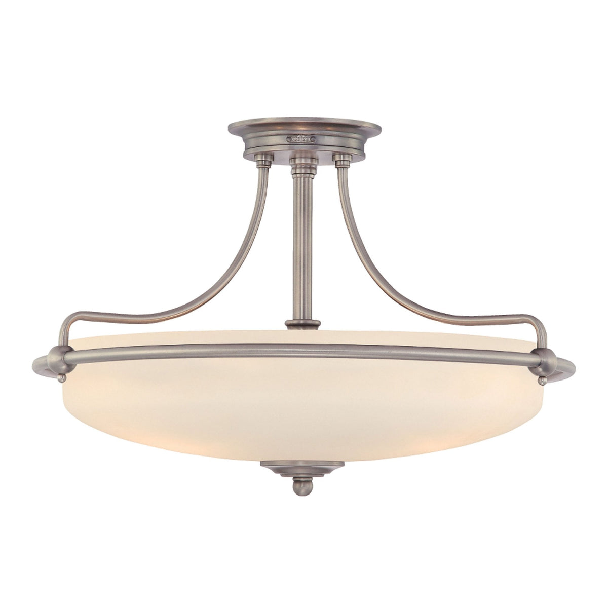 A close-up of a semi-flush ceiling light fixture with a brushed nickel finish and an alabaster glass shade.