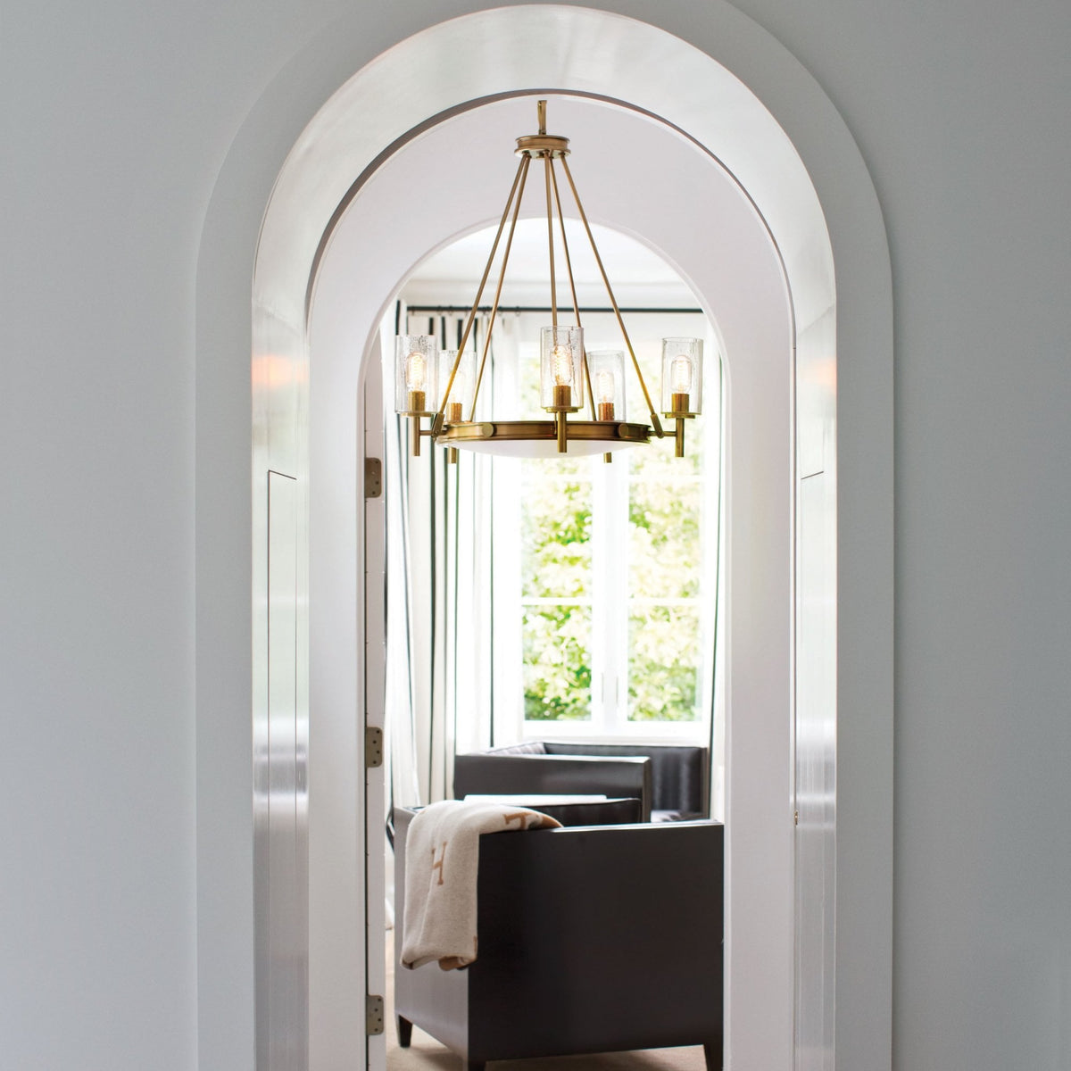 Collier Five Light Chandelier in Heritage Brass with Clear Seeded Glass Shades