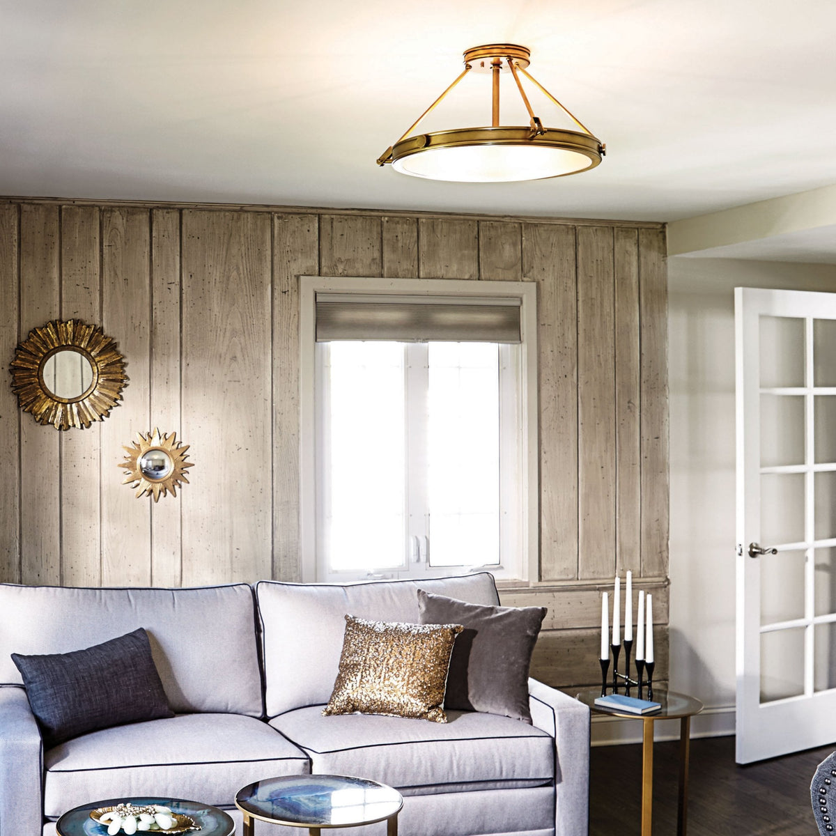 Collier Medium Semi-Flush Ceiling Light in Heritage Brass with Opal Glass Diffuser