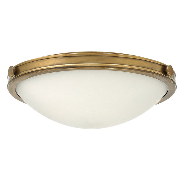 Collier Medium Flush Ceiling Light in Heritage Brass with Opal Glass Diffuser