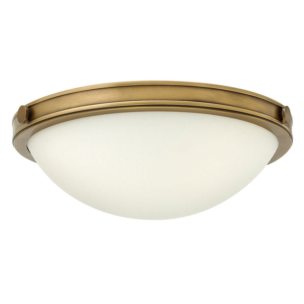Collier Small Flush Ceiling Light in Heritage Brass with Opal Glass Diffuser
