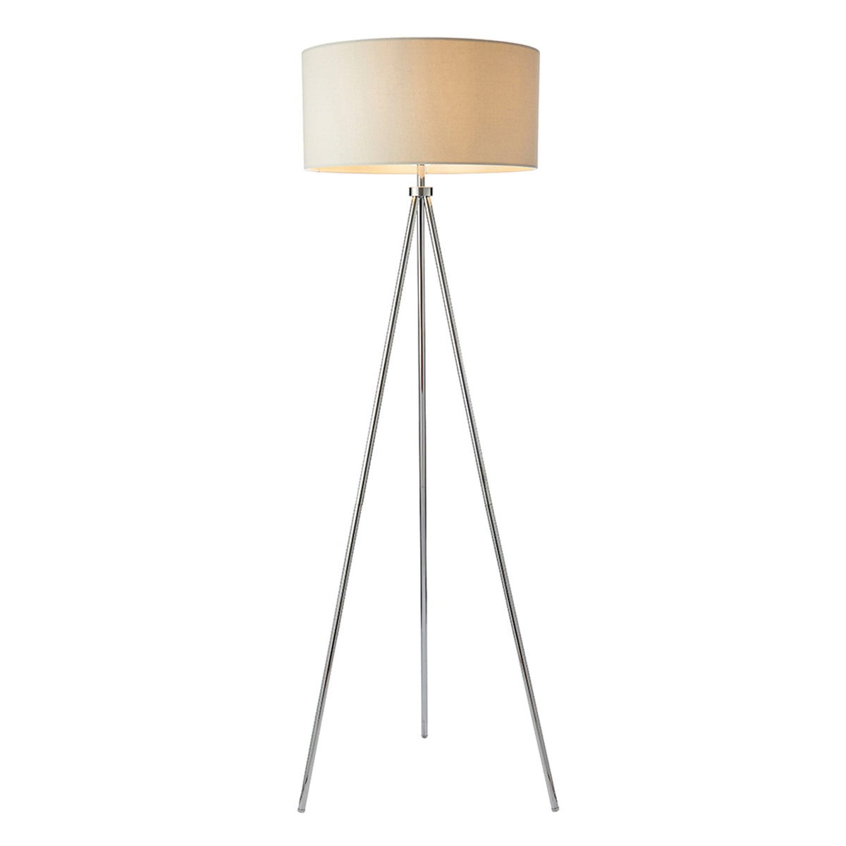 Modern tripod floor lamp with a beige drum shade and silver legs on a white background.