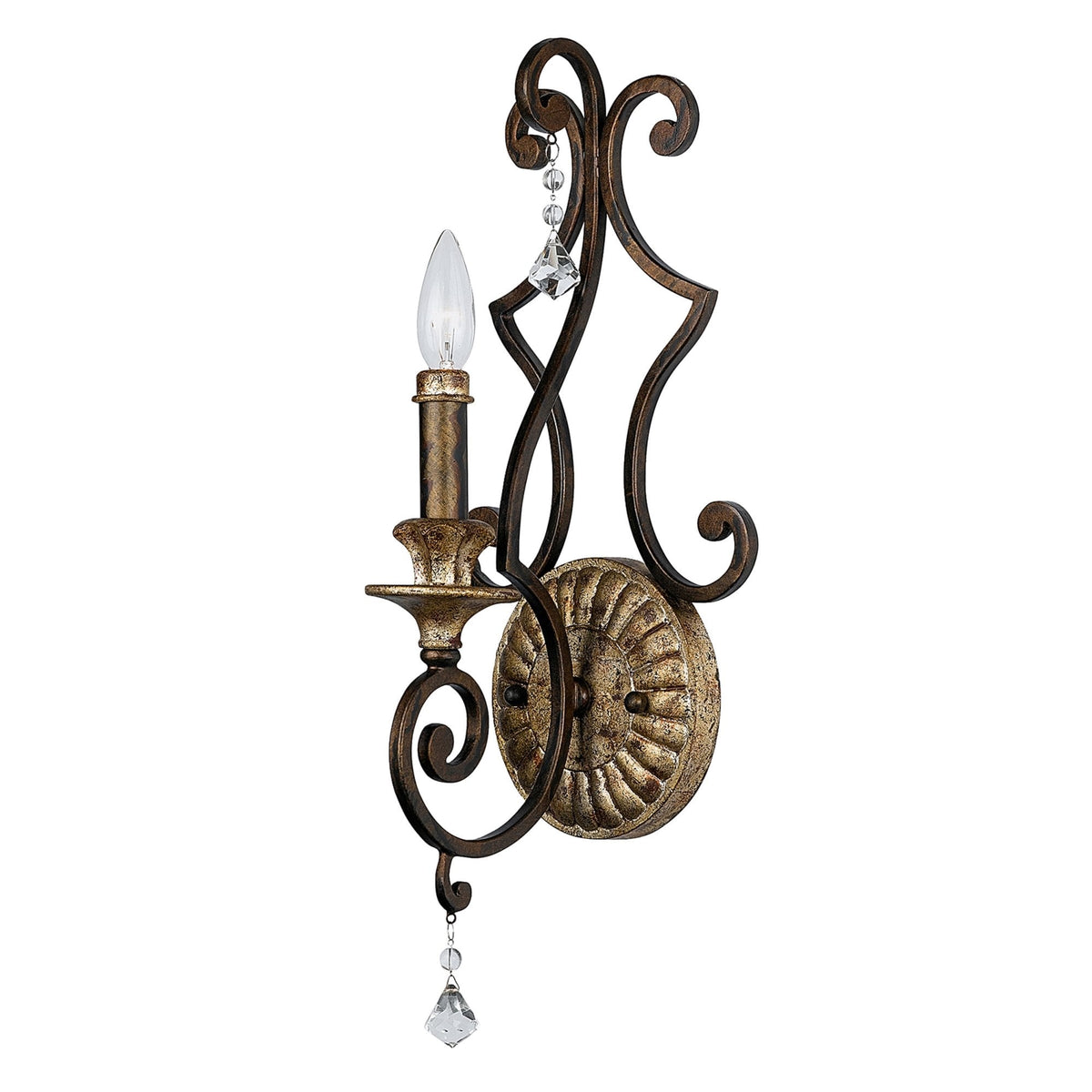 Vintage-style wall sconce with a single candle-like bulb and crystal accents.