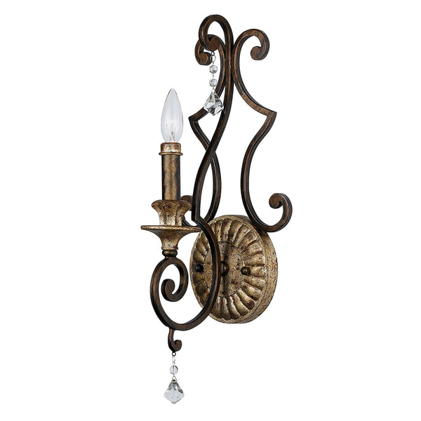 Vintage-style wall sconce with a single candle-like bulb and crystal accents.