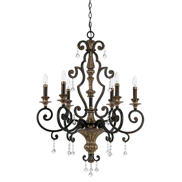 Marquette Six Light Chandelier in Bronze with Gold Highlights