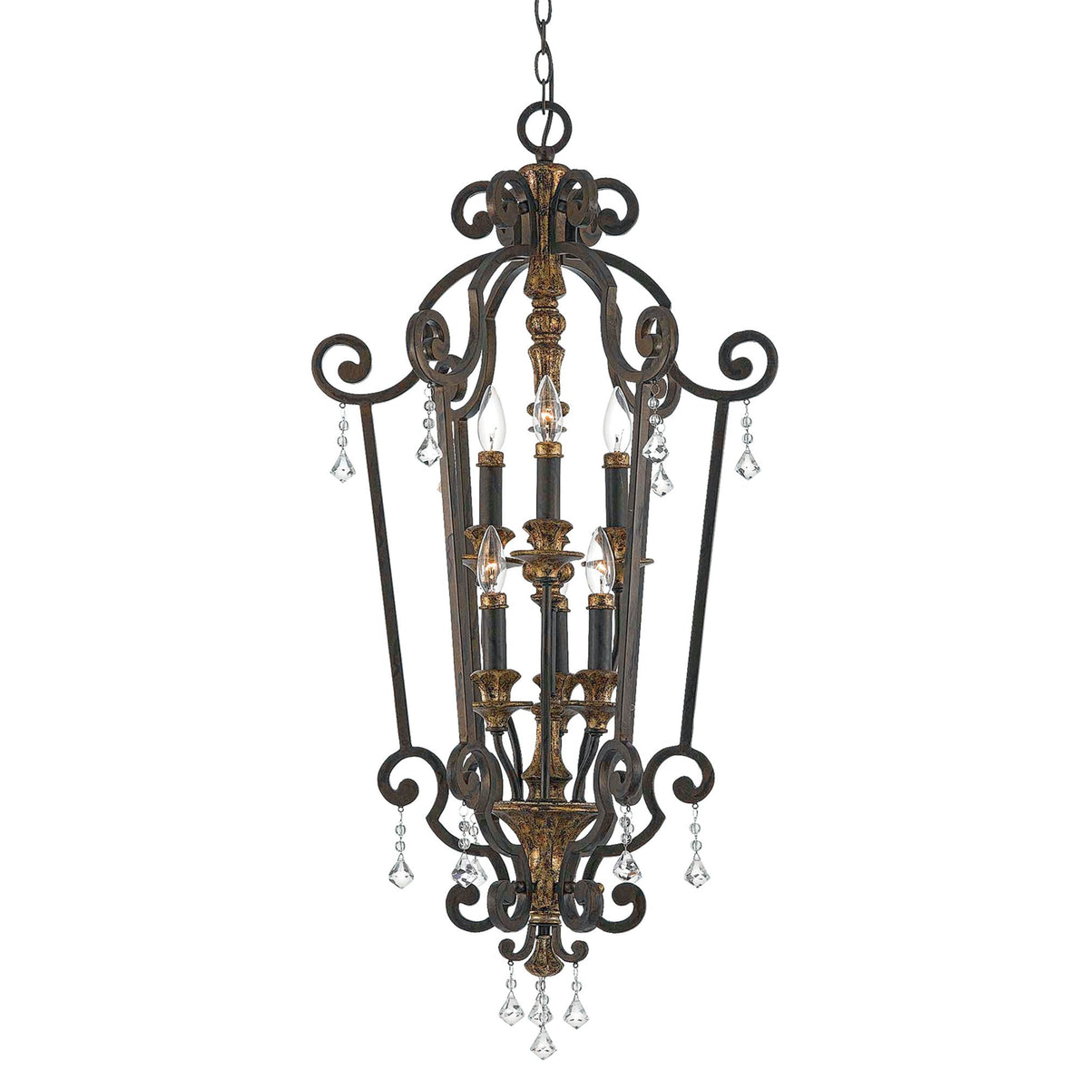 Marquette Six Light Slim Chandelier in Bronze with Gold Highlights