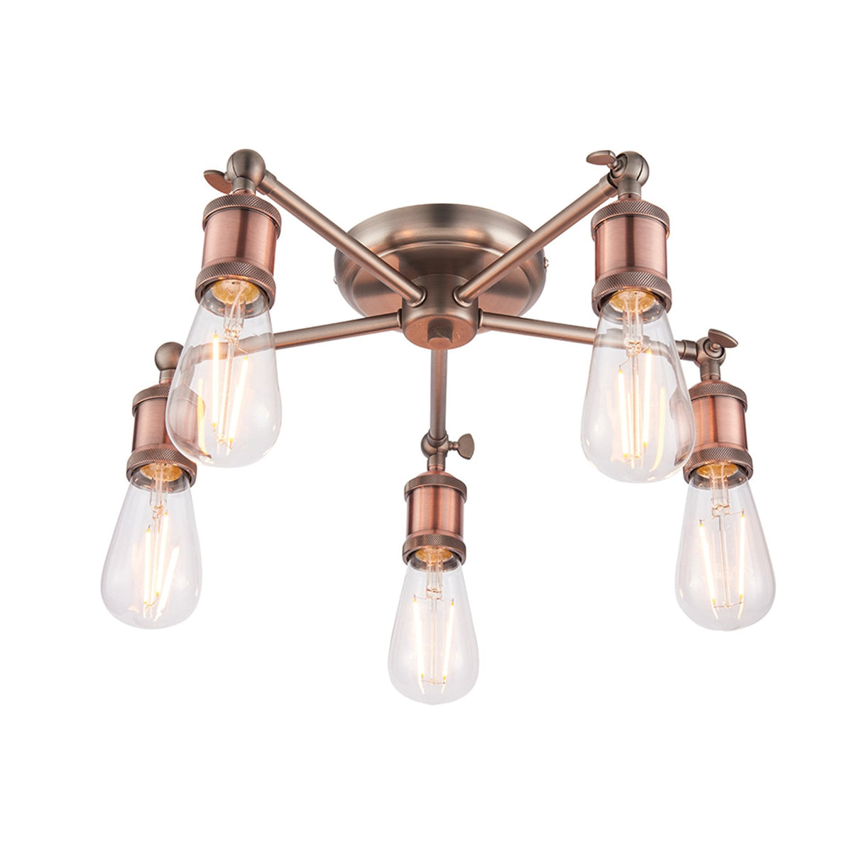 A five-light semi-flush ceiling light with exposed bulbs and a bronze finish on a white background.