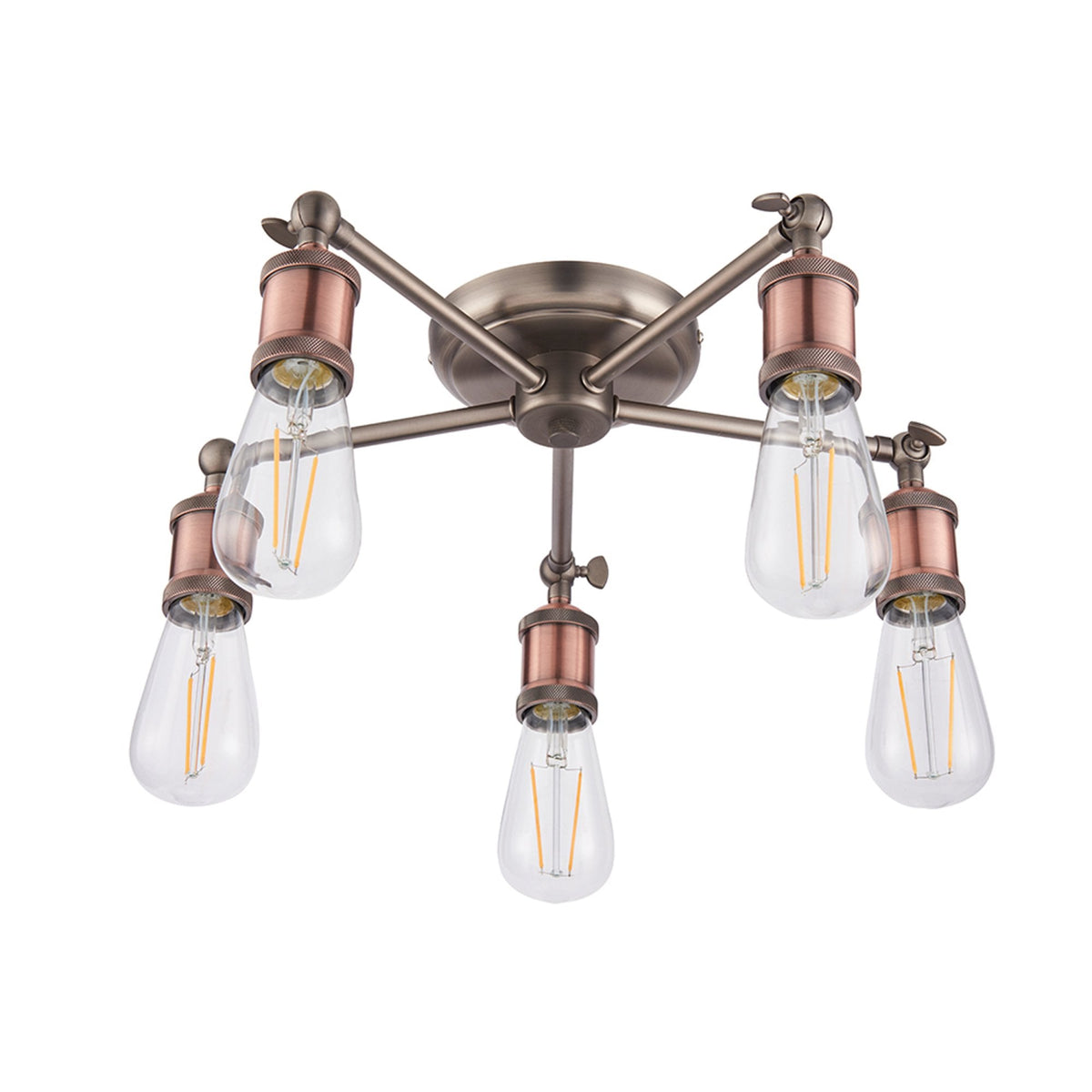 A five-light semi-flush ceiling light with exposed bulbs and a bronze finish on a white background.