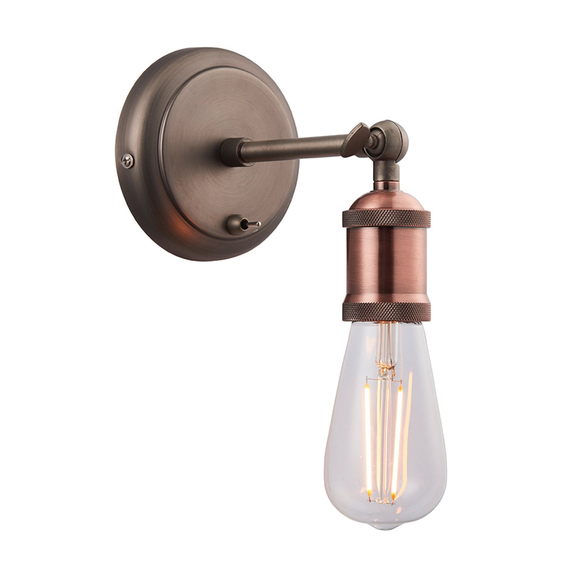 Bronze and copper wall light with an exposed filament bulb.