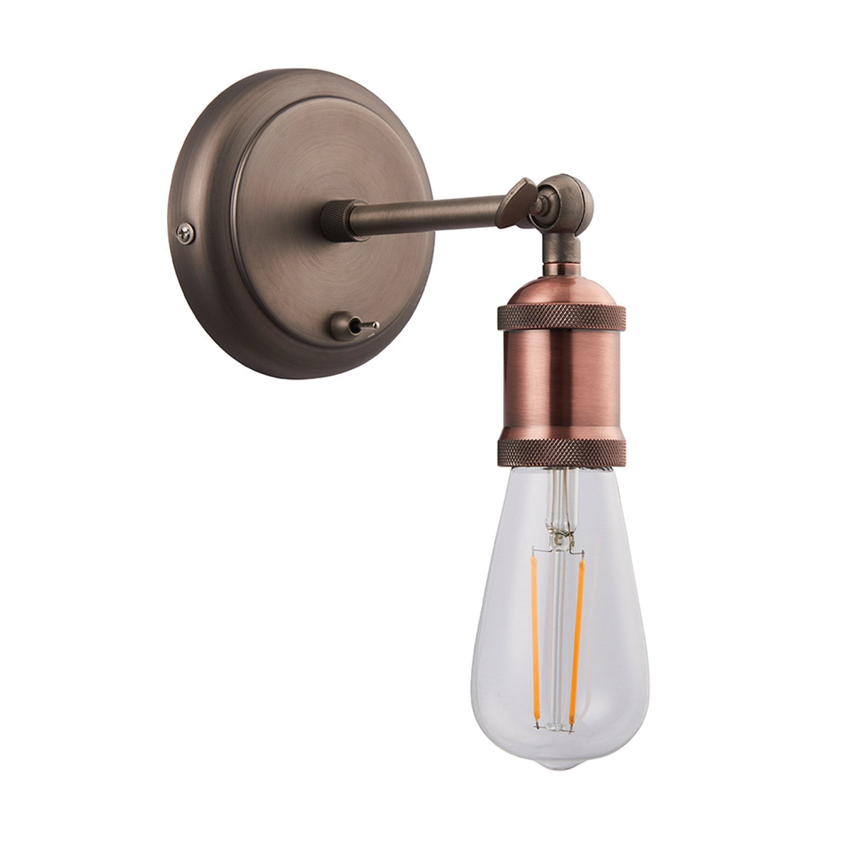 Bronze and copper wall light with an exposed filament bulb.