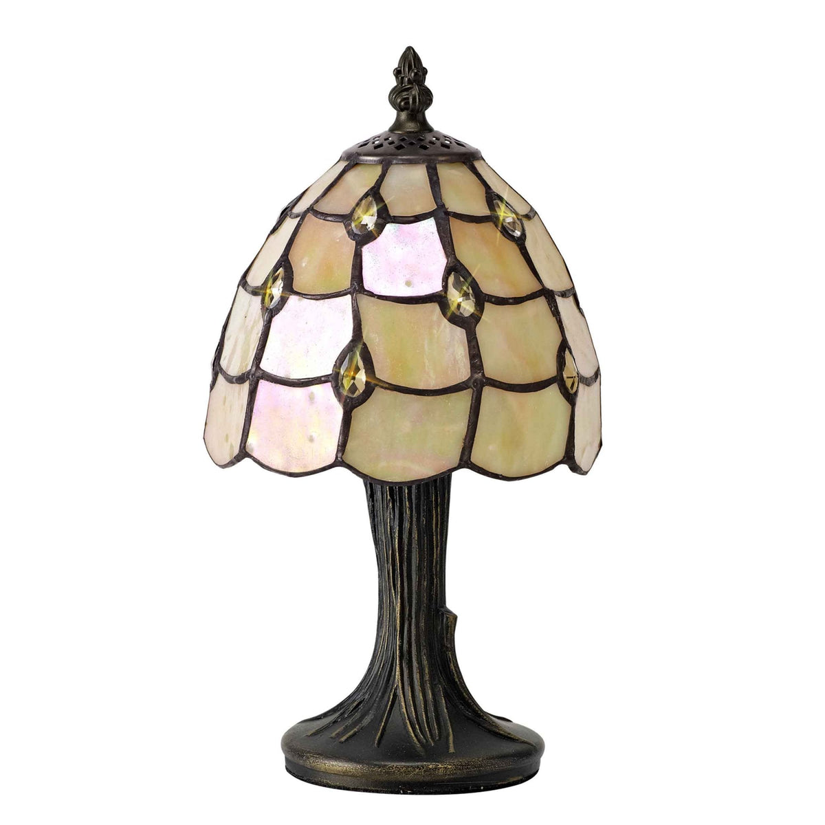 Beaworthy Tiffany Table Lamp in Black and Gold with Beige and Clear Crystal Shade