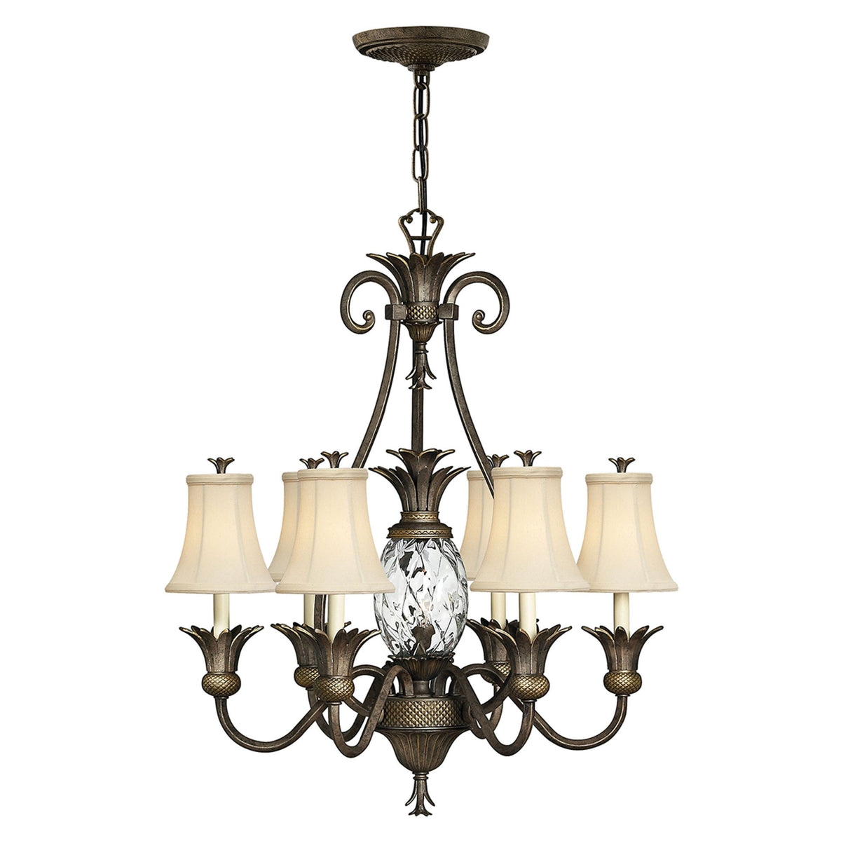 Plantation Six Arm Chandelier in Pearl Bronze