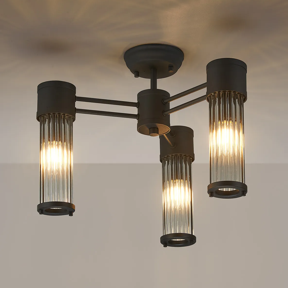 Tansley E14 IP44 Three Light Semi Flush Ceiling Light in Satin Black with Clear Glass Rods