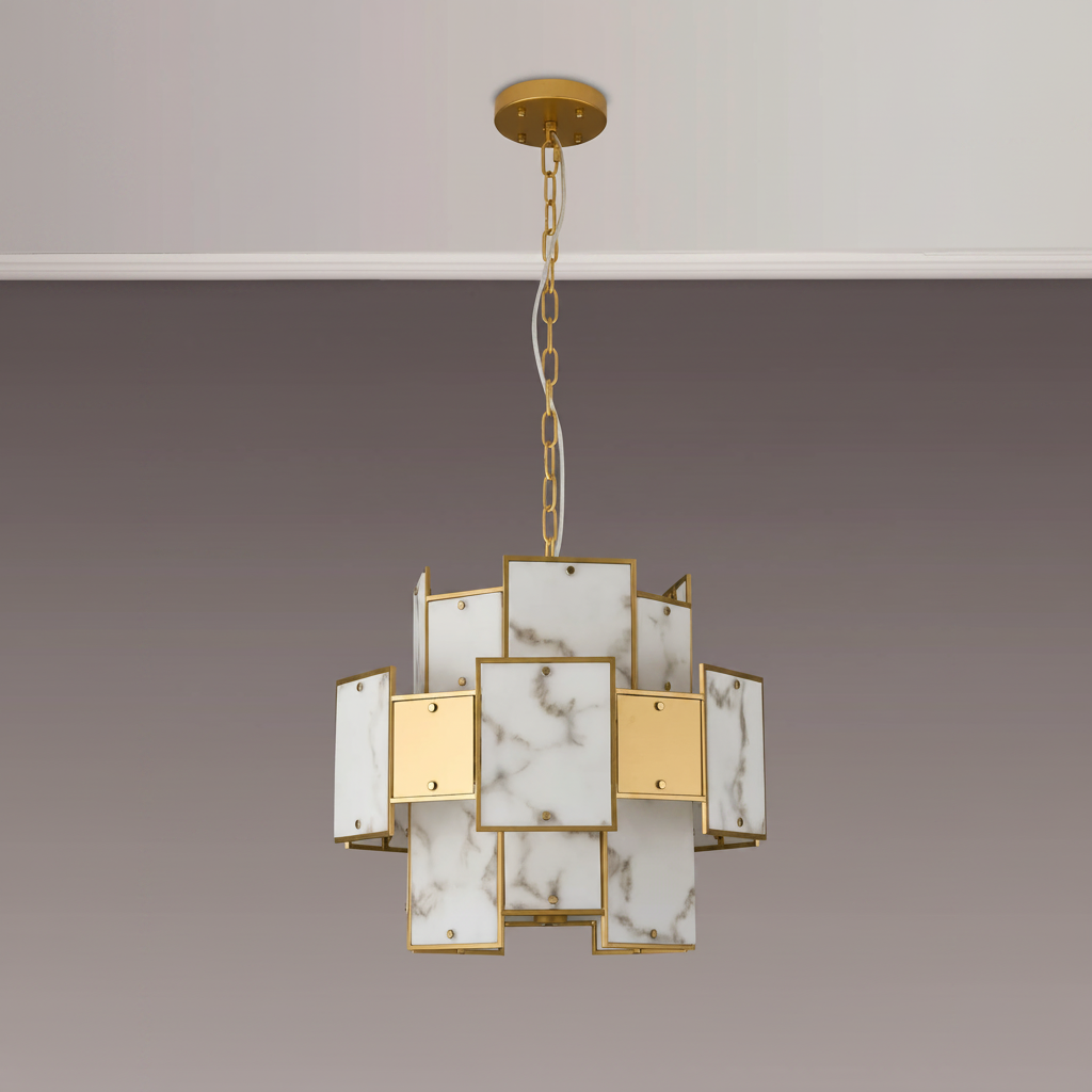 Gold and white marble chandelier with rectangular panels