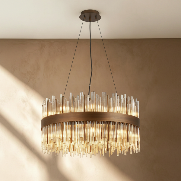 Round chandelier with bronze frame and clear glass rods