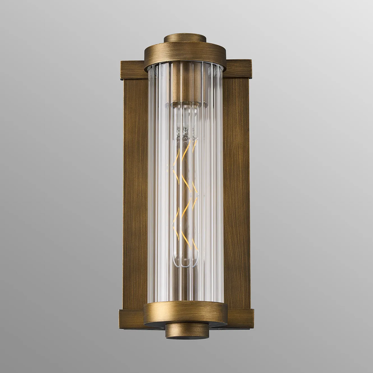 Beeley IP54 Wall Light in Matt Bronze with Ribbed Glass Shade