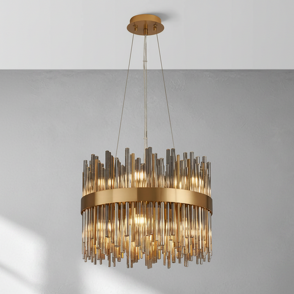 Round chandelier with gold frame and clear glass rods