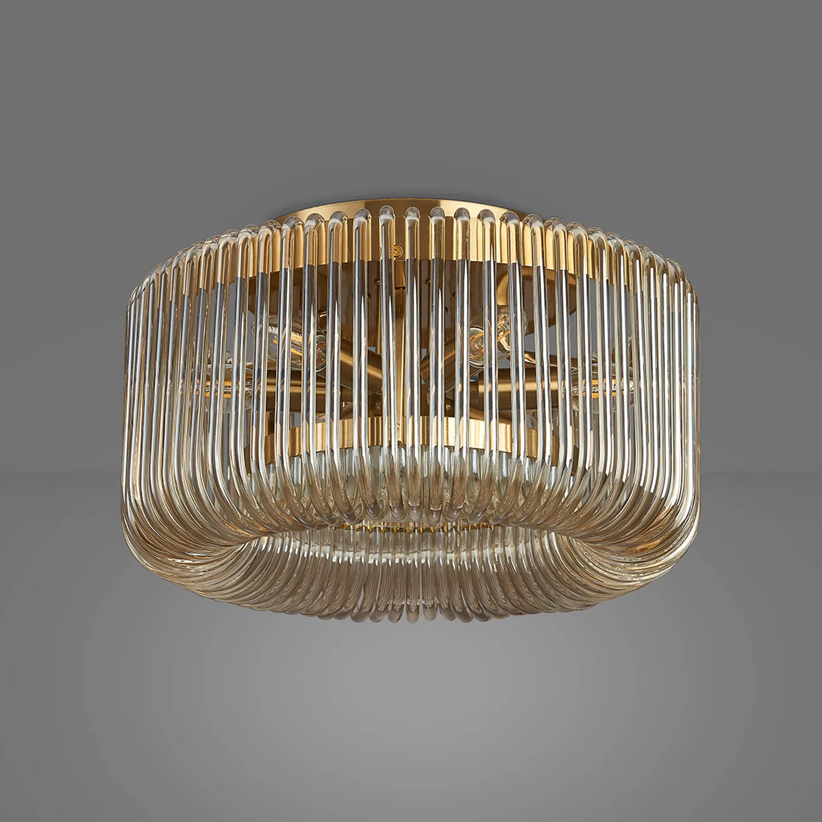 Jevington 400mm Flush Ceiling Light in Brass with Smoke Brown Glass