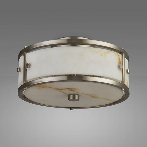 Scarva IP44 250mm Round Ceiling Light in Satin Nickel with Brown Faux Alabaster