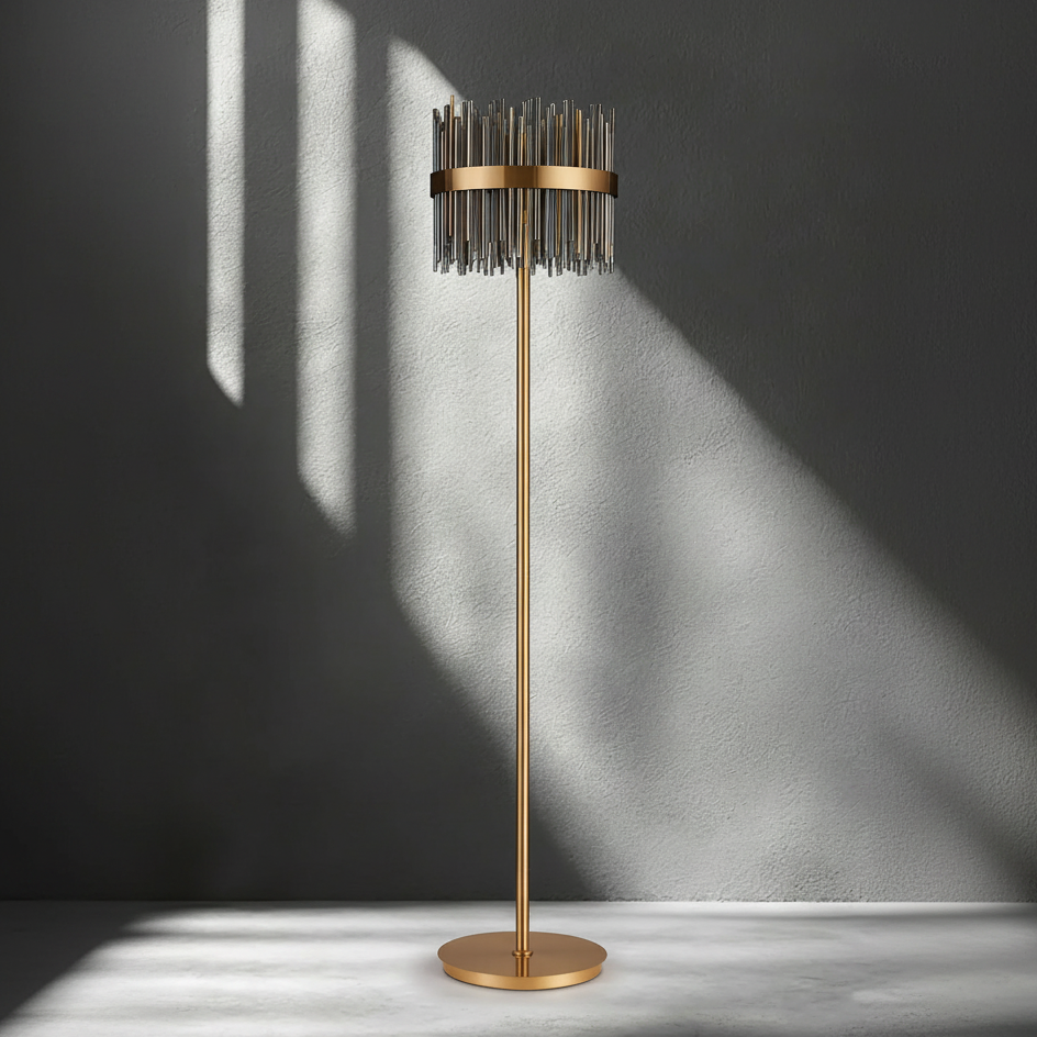 Eckington Floor Lamp in Brass with Smoked Glass Rods