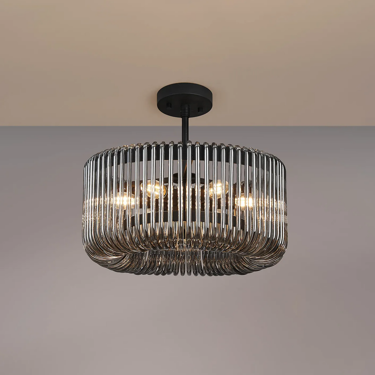 Jevington 400mm Pendant or Semi Flush in Black with Smoked Glass
