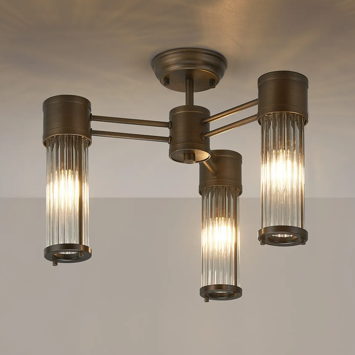 Tansley E14 IP44 Three Light Semi Flush Ceiling Light in Bronze with Clear Glass Rods