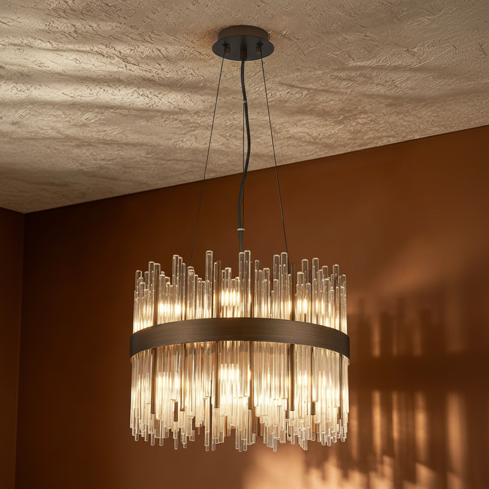 Round chandelier with clear glass rods and a dark bronze band