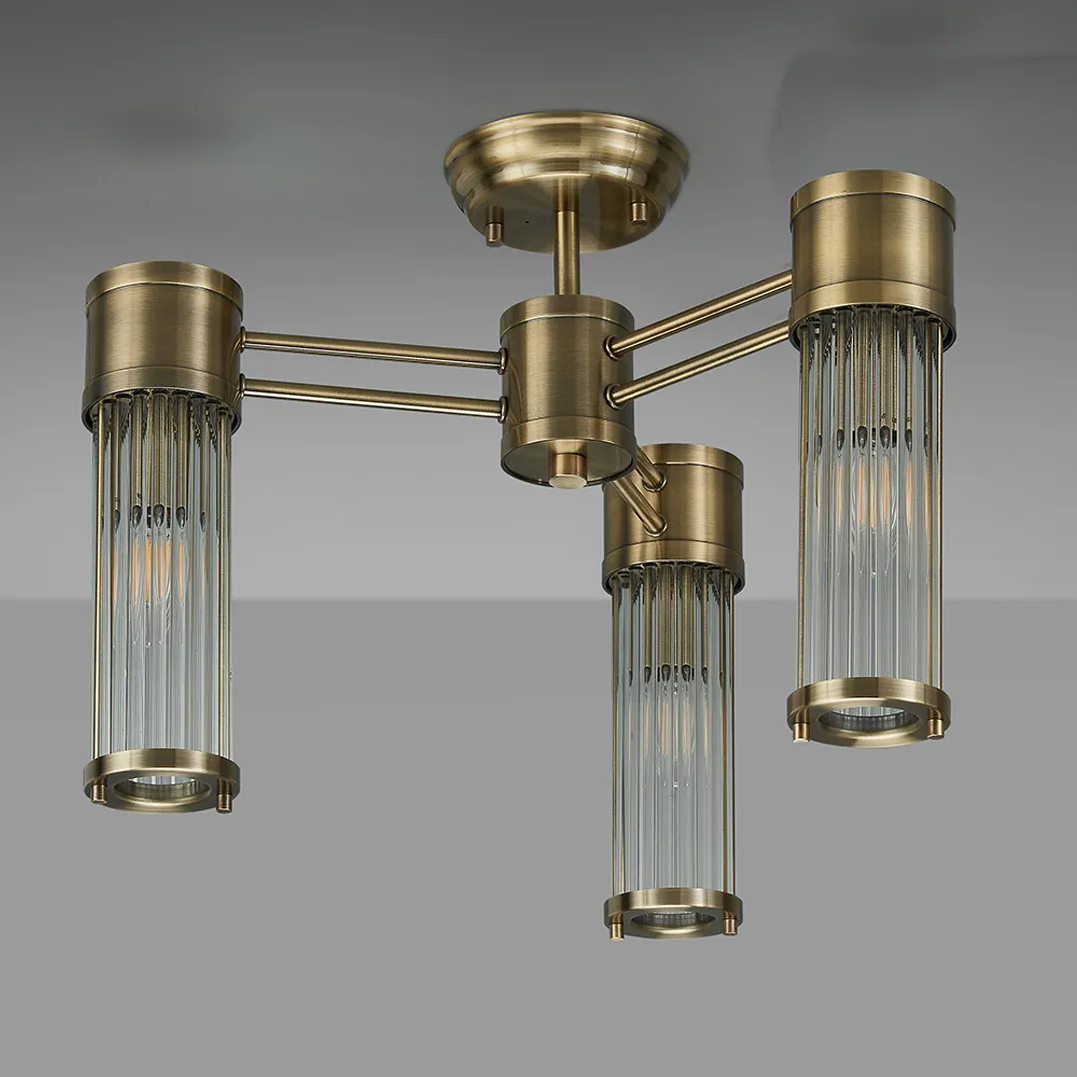 Tansley E14 IP44 Three Light Semi Flush Ceiling Light in Antique Brass with Clear Glass Rods