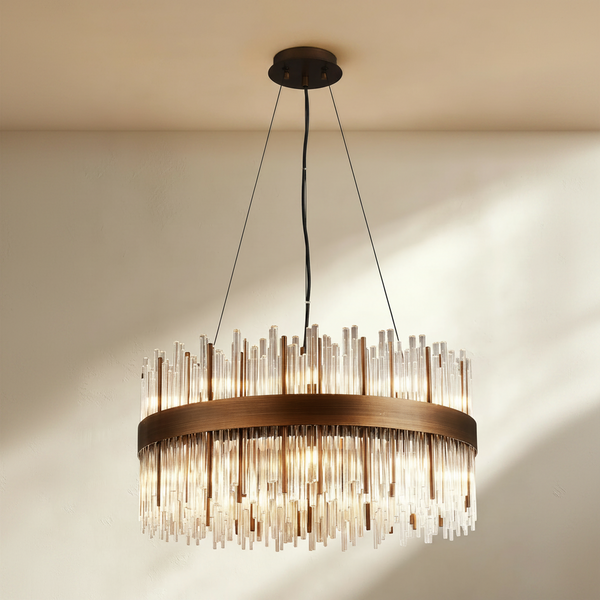 Round chandelier with bronze frame and clear glass rods