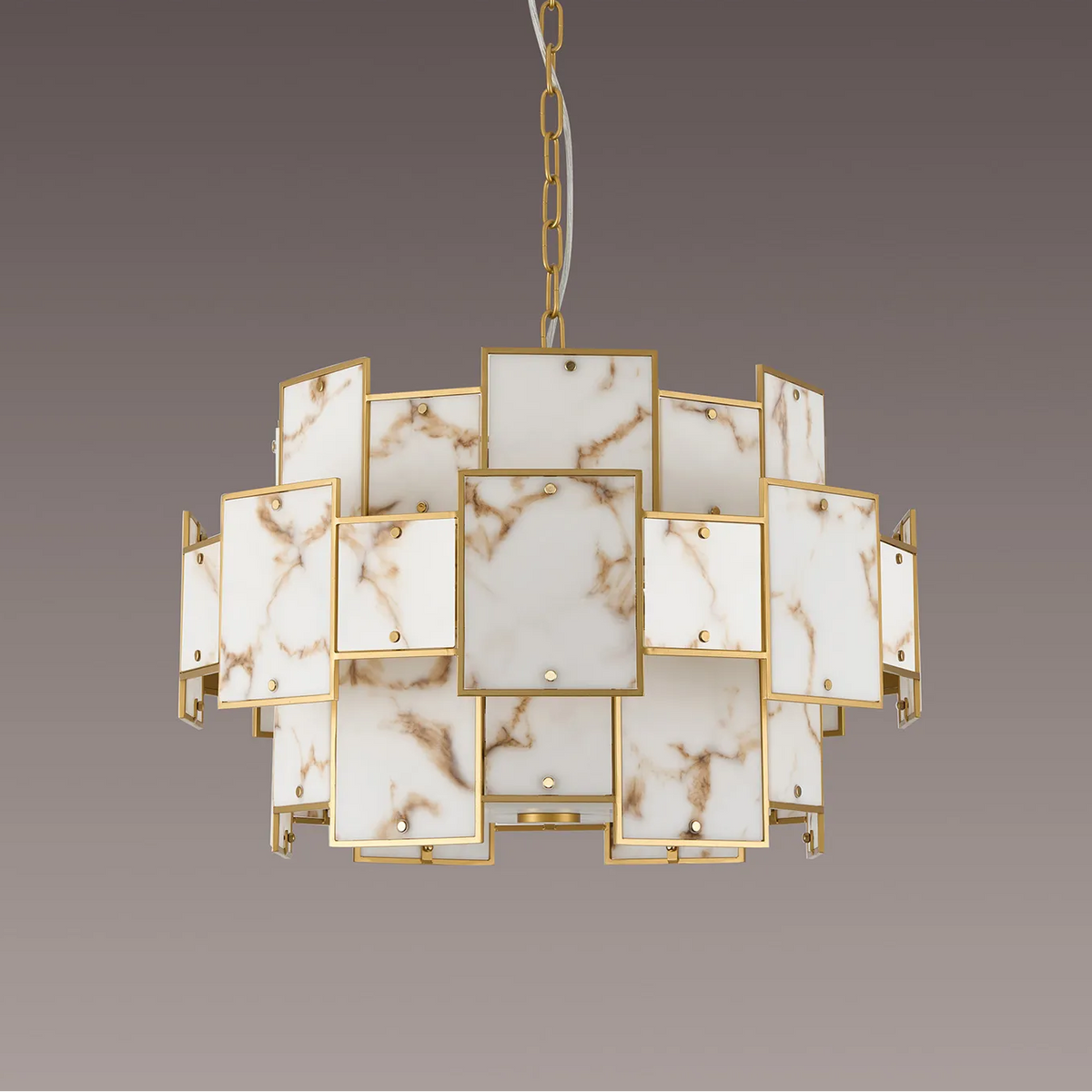 Chandelier with square marble-patterned panels and gold frames