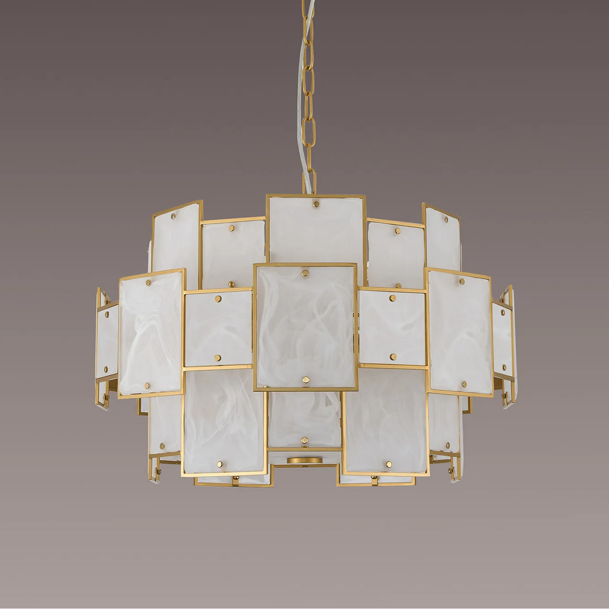 Gold chandelier with rectangular white glass panels