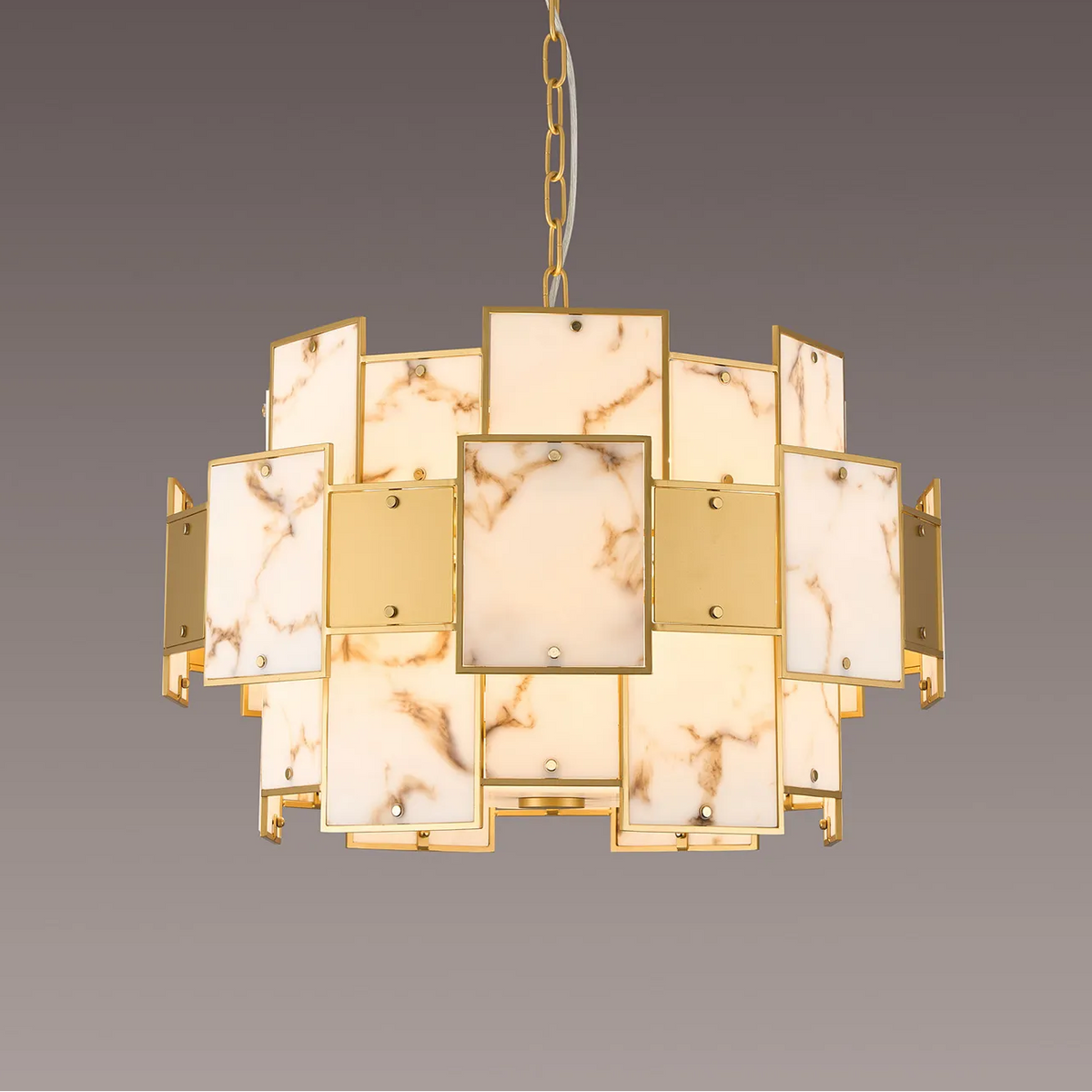 Gold and white chandelier with square marble-patterned panels