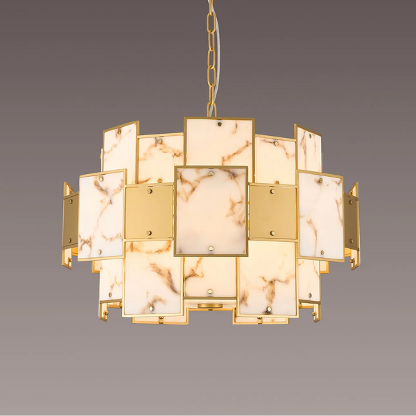 Gold and white chandelier with square marble-patterned panels