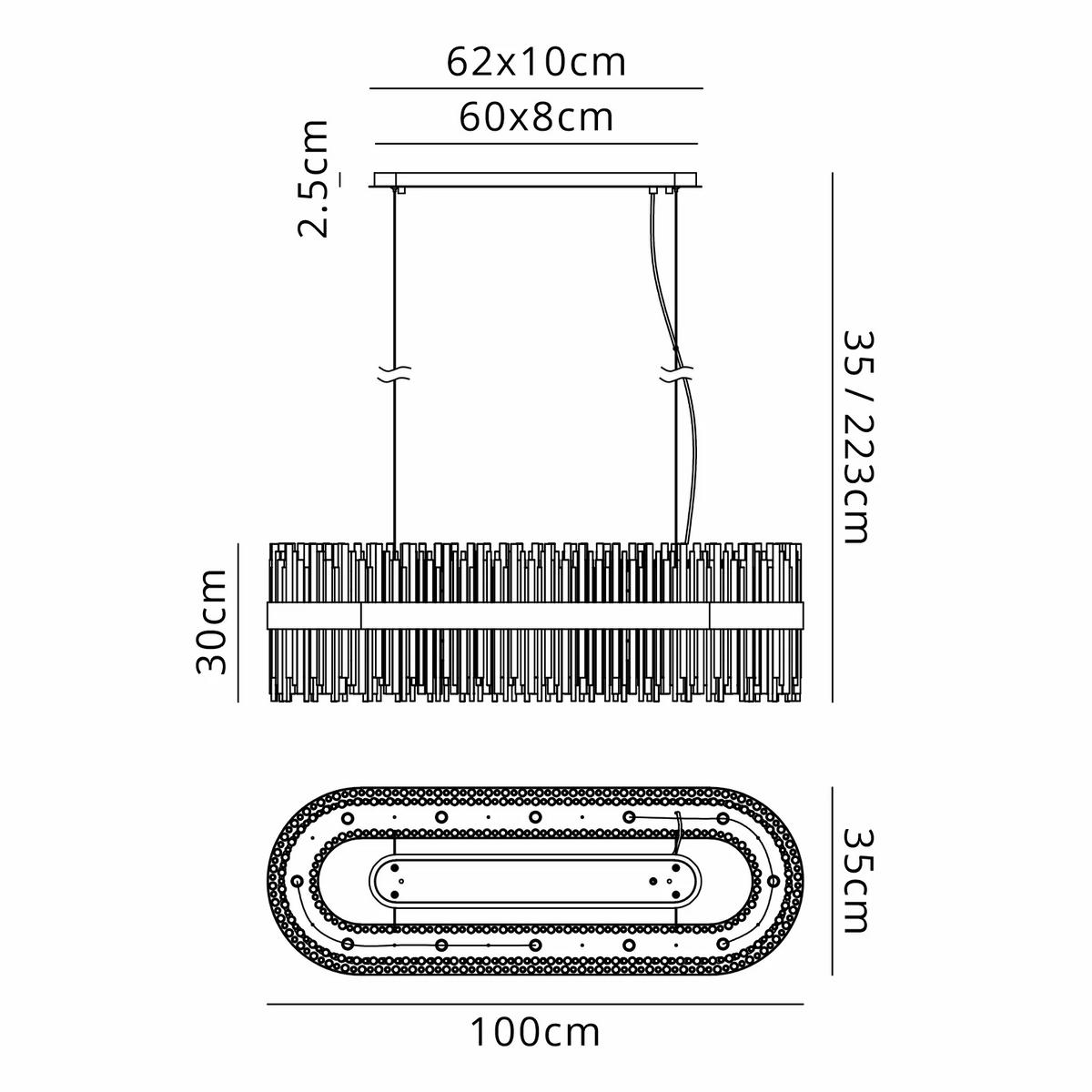 Technical drawing of a chandelier with dimensions