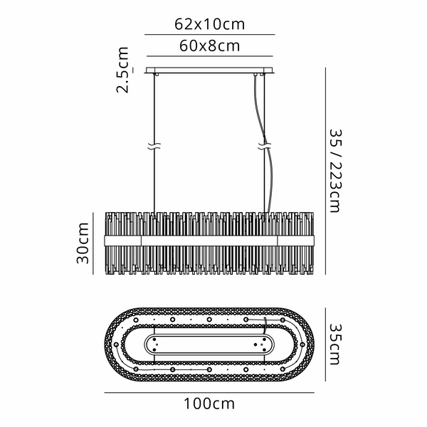 Technical drawing of a chandelier with dimensions