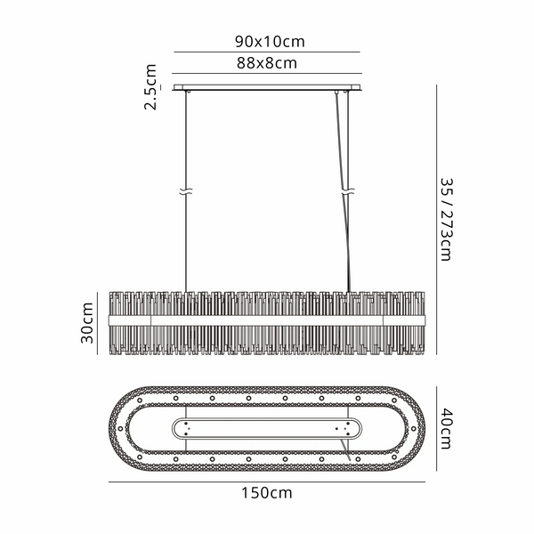 Technical drawing of a rectangular chandelier with dimensions