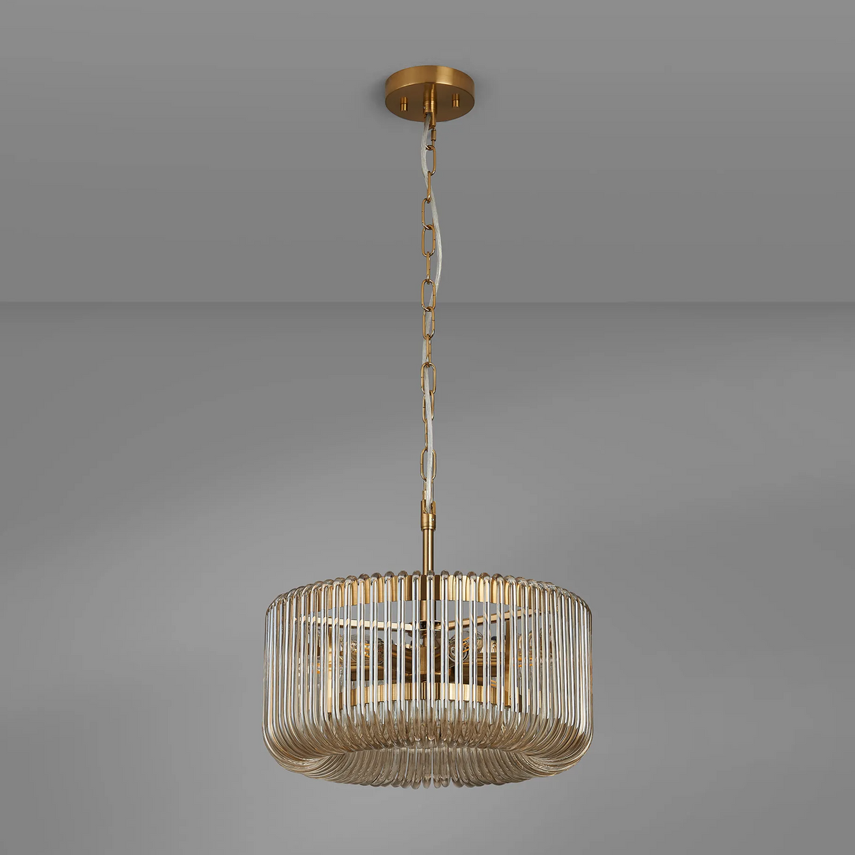 Jevington 400mm Pendant or Semi Flush in Brass with Smoke Brown Glass