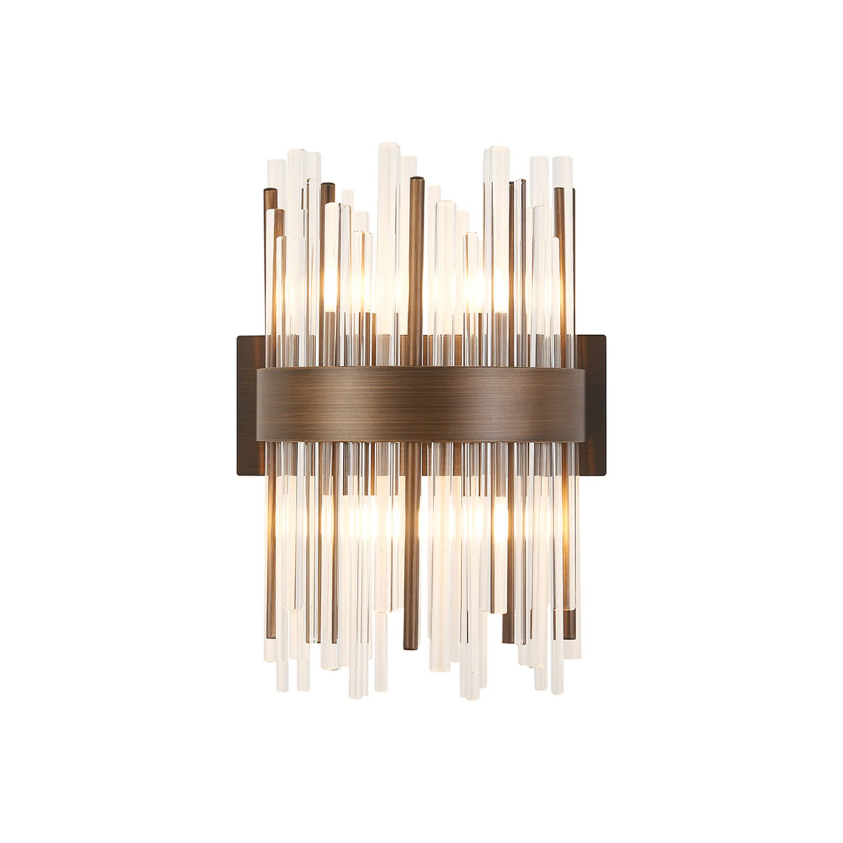 Bronze wall sconce with vertical clear and bronze glass rods