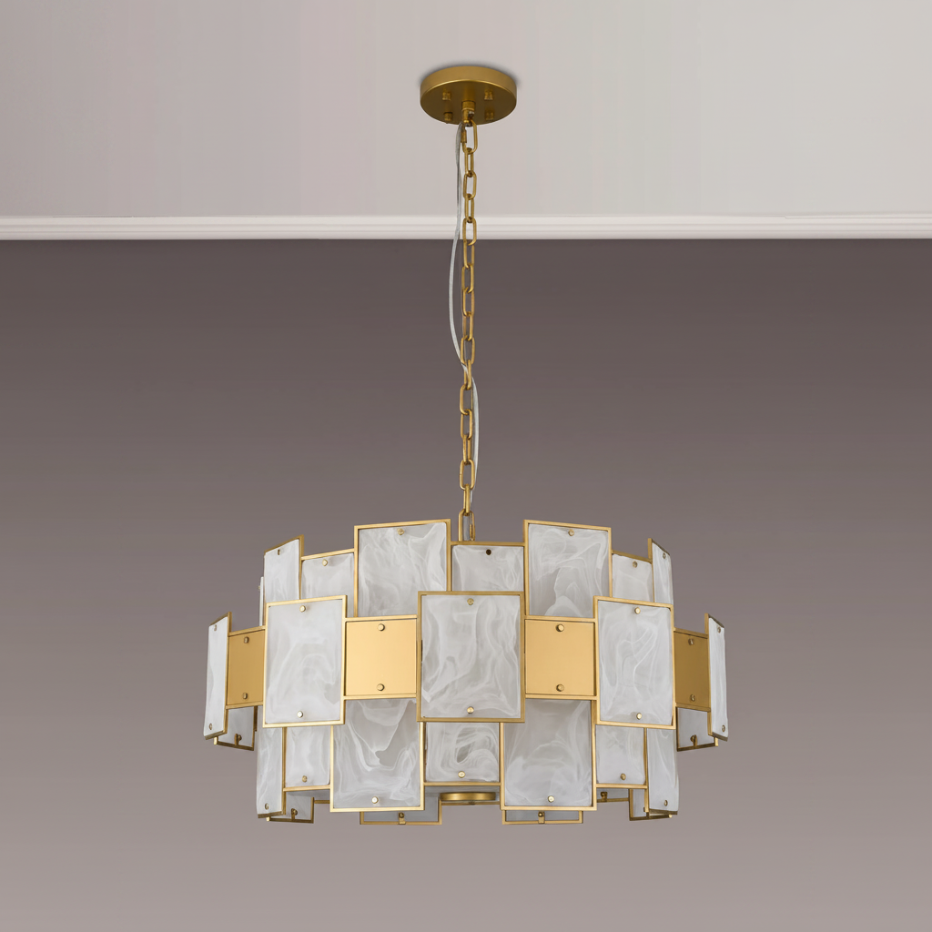 Gold chandelier with rectangular white marbled glass panels