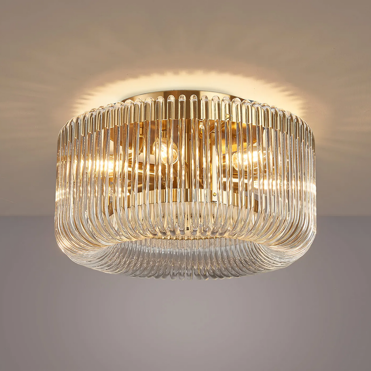 Jevington 400mm Flush Ceiling Light in Brass with Clear Glass
