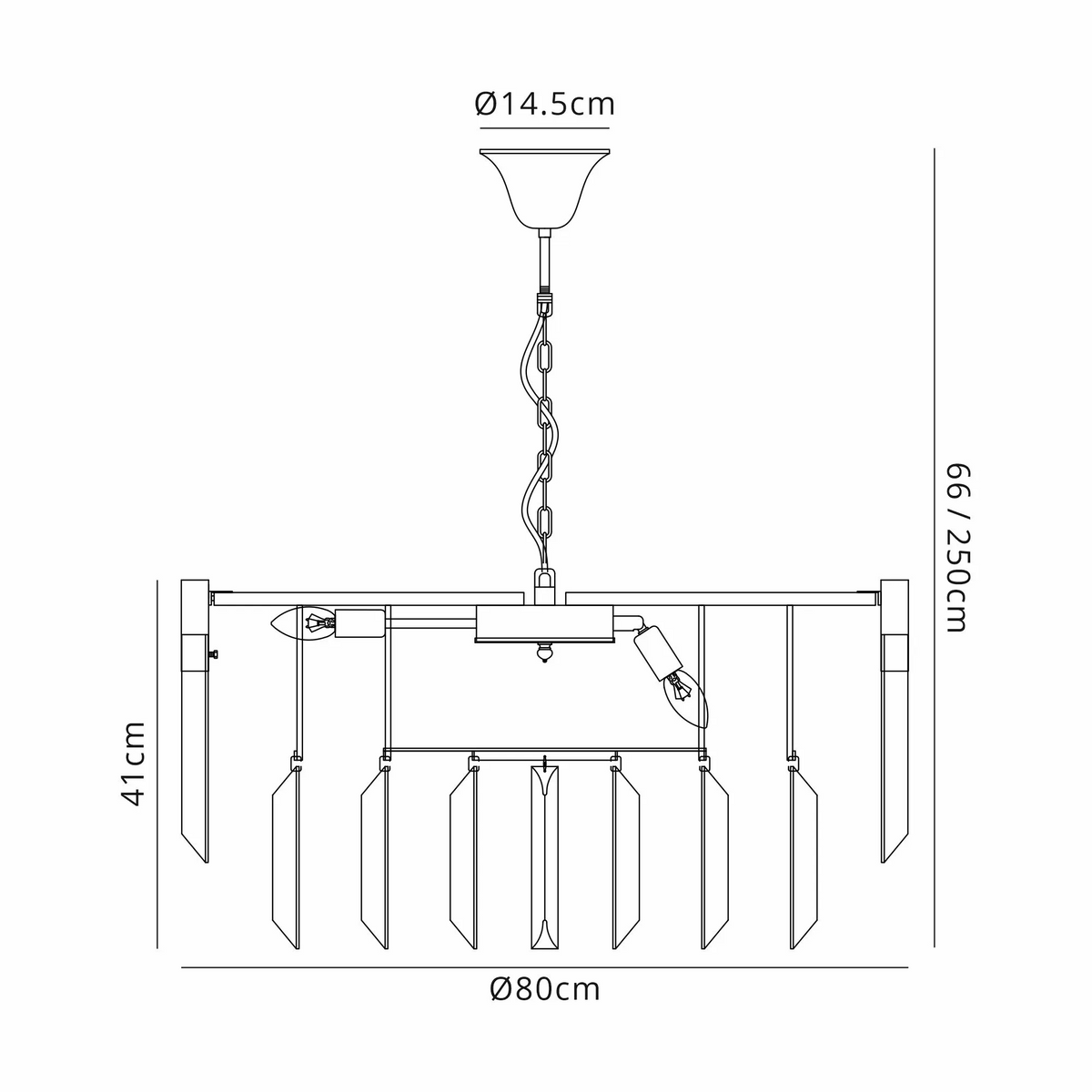 Technical drawing of a chandelier with dimensions. Overall height 66-250cm, width 80cm, shade height 41cm