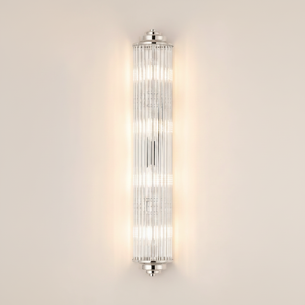 Polished nickel and clear ribbed glass wall light