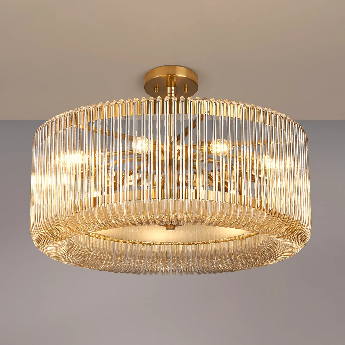 Jevington 600mm Pendant or Semi Flush in Brass with Smoke Brown Glass