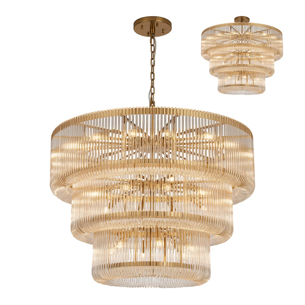 Jevington 1000mm Three Tier Pendant or Semi Flush in Brass with Clear Glass