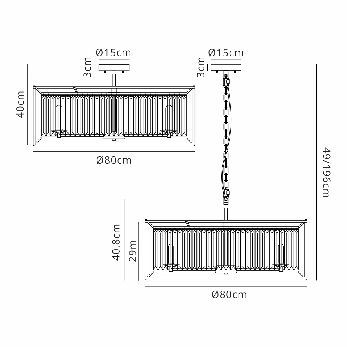 Technical drawing of a rectangular chandelier with dimensions for flush mount and chain suspension options